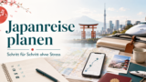 Japanreise planen mit Karte, Smartphone, Koffer und Japan-Motiven