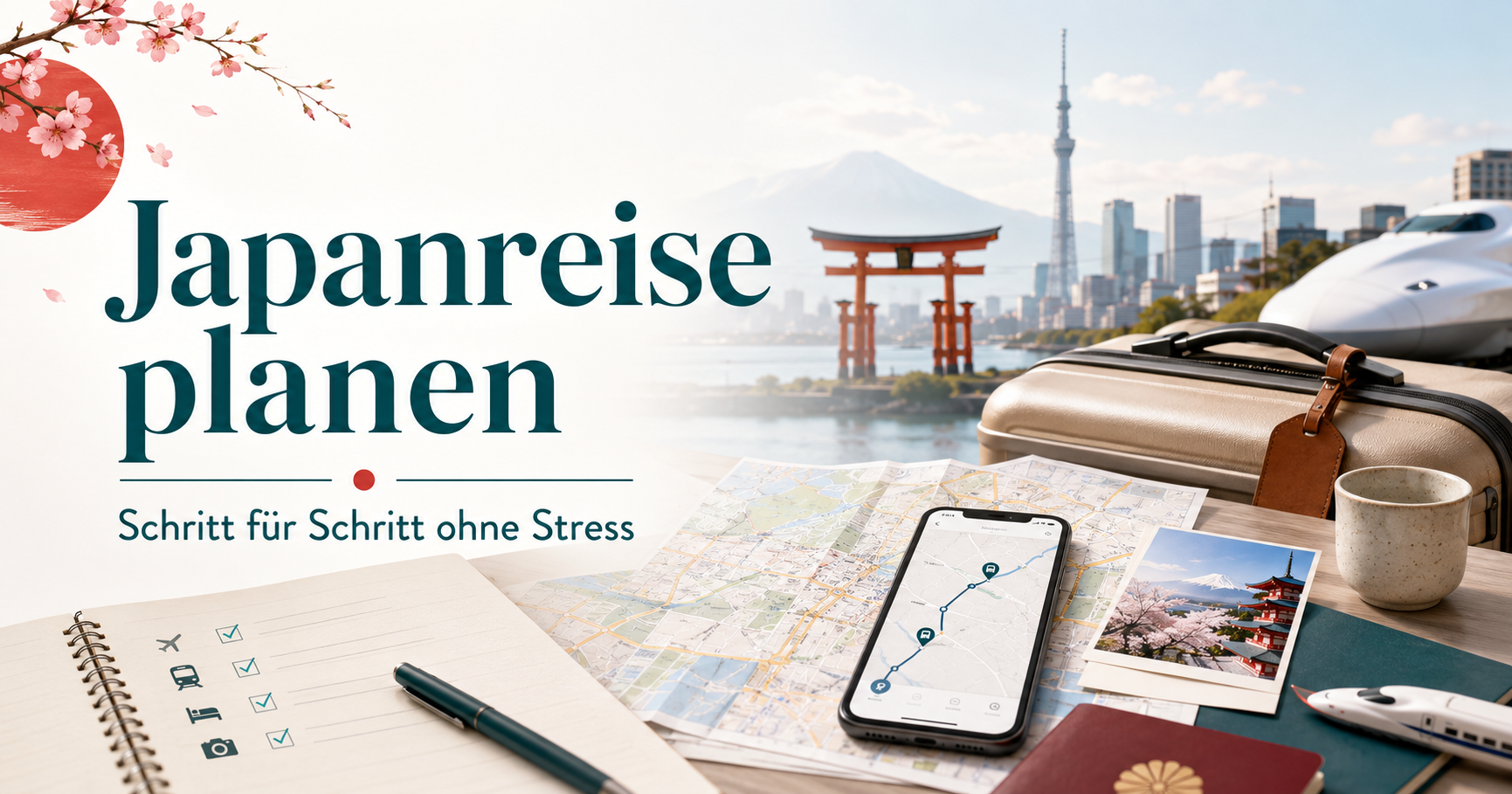Japanreise planen mit Karte, Smartphone, Koffer und Japan-Motiven