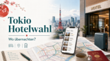 Tokio Hotelwahl mit Stadtkarte, Hotel, Koffer und Bahnverbindung