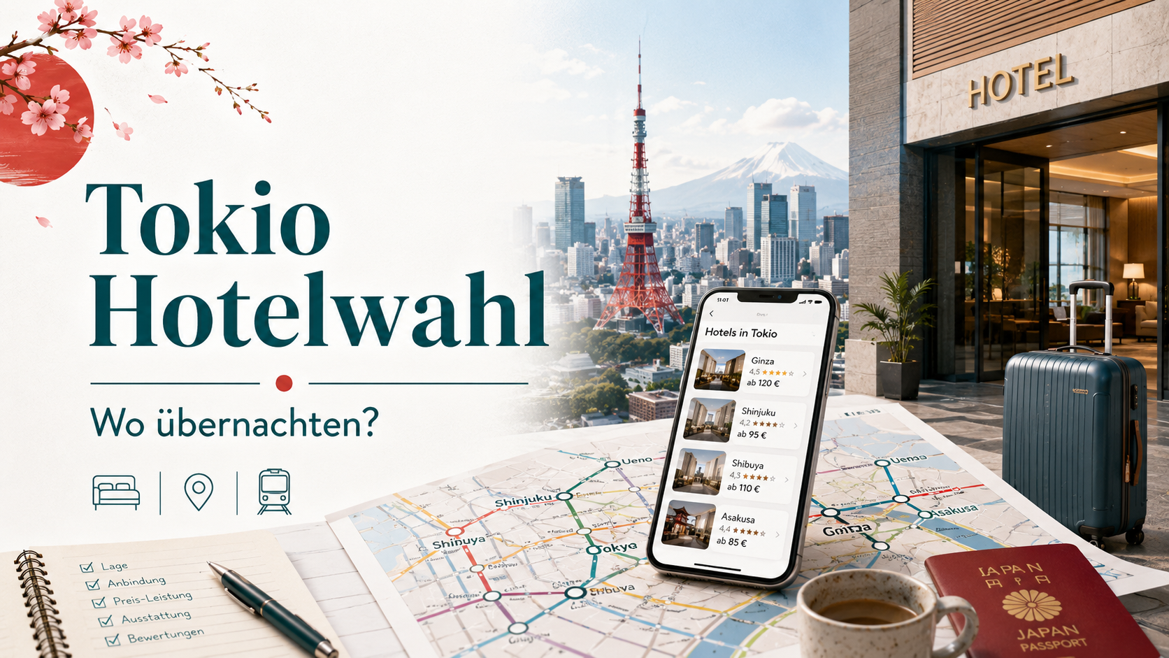 Tokio Hotelwahl mit Stadtkarte, Hotel, Koffer und Bahnverbindung