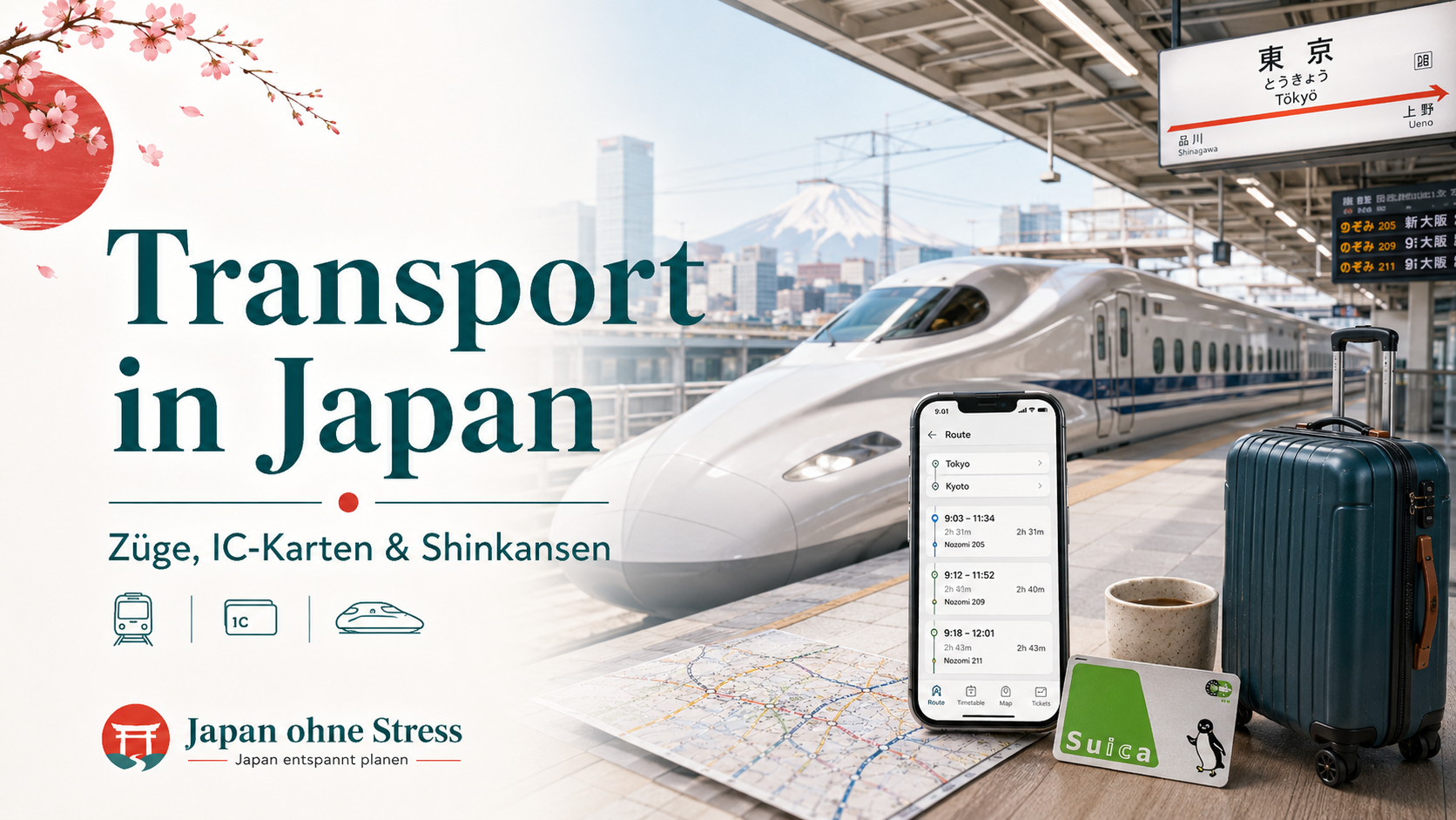 Transport in Japan mit Shinkansen, IC-Karte, Bahnhof und Smartphone