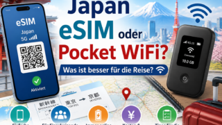 Japan eSIM oder Pocket WiFi mit Smartphone, WLAN-Gerät und Reiseplanung