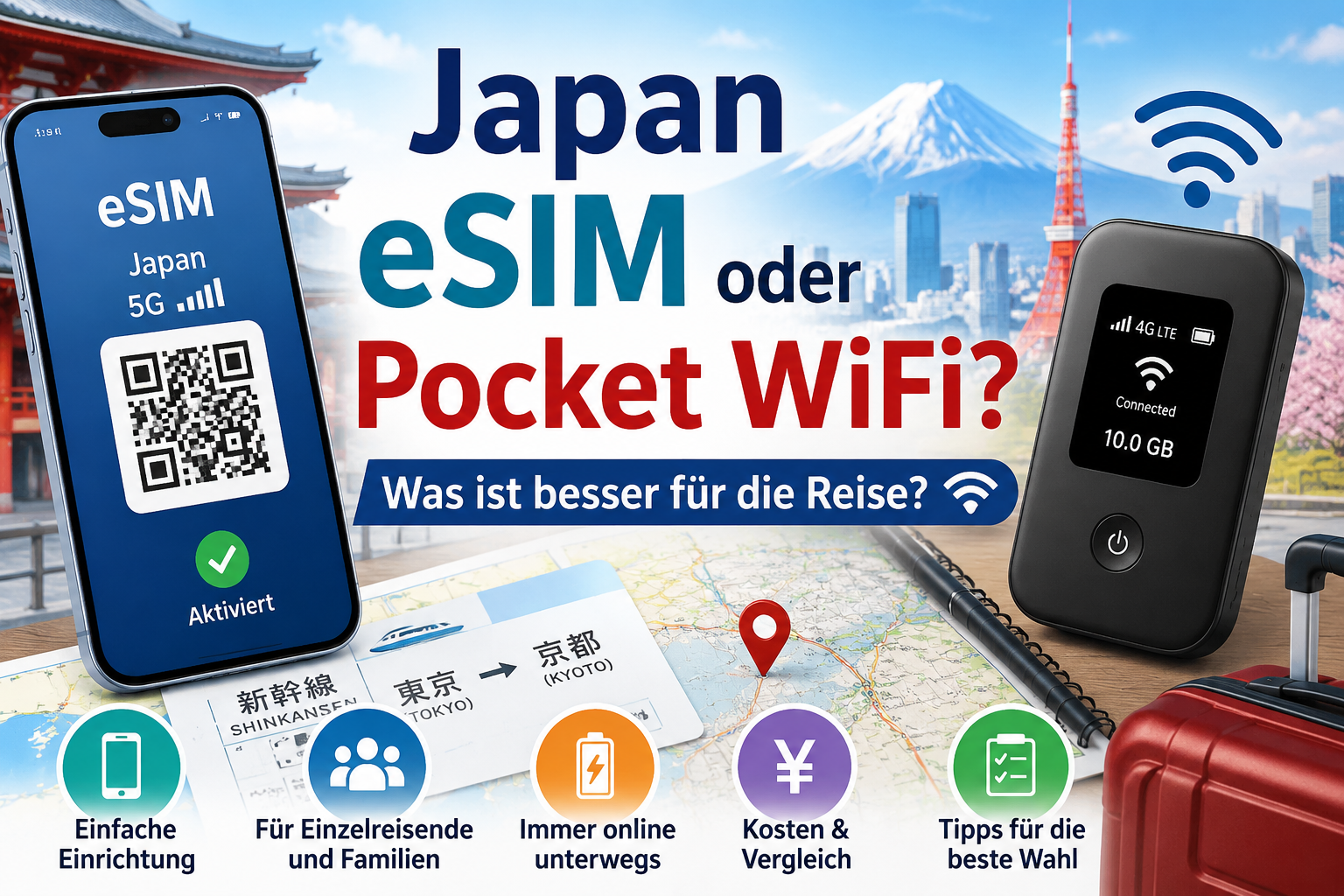 Japan eSIM oder Pocket WiFi mit Smartphone, WLAN-Gerät und Reiseplanung