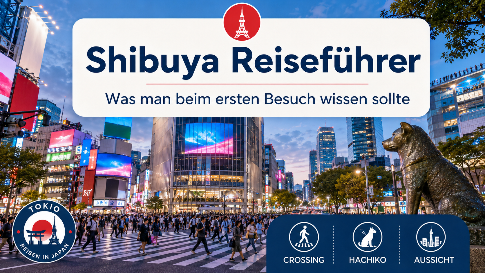 Shibuya in Tokio mit Scramble Crossing Hachiko und Shibuya Sky