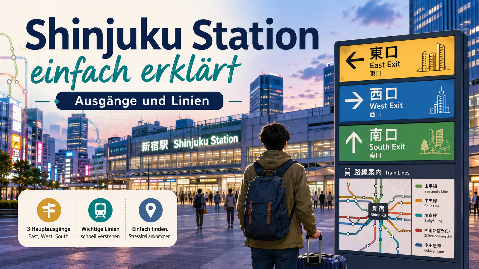 Shinjuku Station in Tokio mit Bahnhofsausgängen Linien und Orientierung