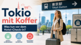 Tokio mit Koffer vor dem Hotel Check-in mit Coin Locker Bahnhof und Gepäckservice