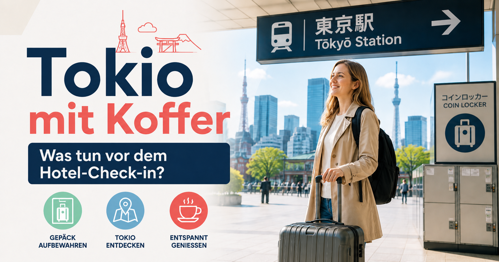 Tokio mit Koffer vor dem Hotel Check-in mit Coin Locker Bahnhof und Gepäckservice