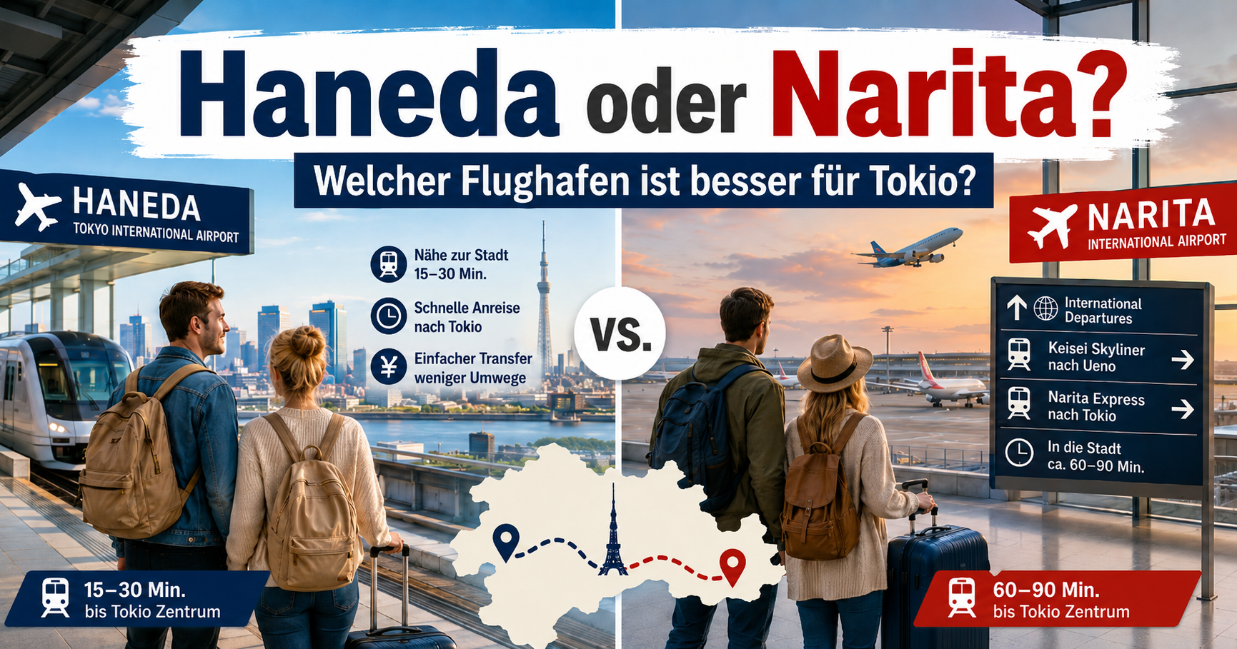 Haneda oder Narita Flughafenvergleich für Tokio Reise mit Gepäck und Hotelwahl